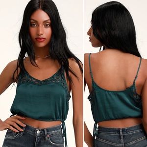 Free People Blouson Teal Blue Satin Crop Top Sz